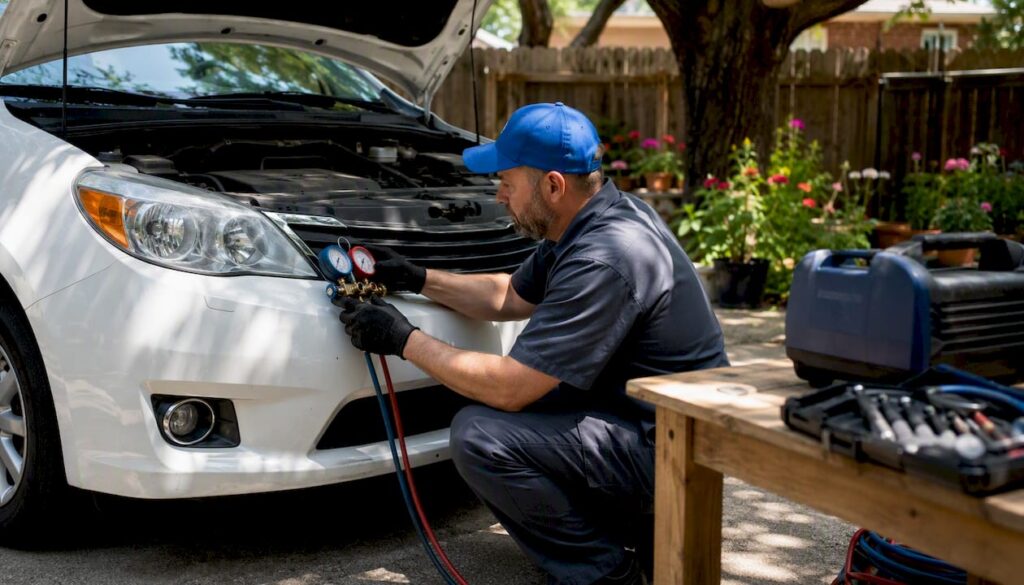Mechanic recharging car AC at home driveway
