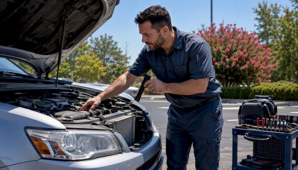 Mobile mechanic inspecting car AC system
