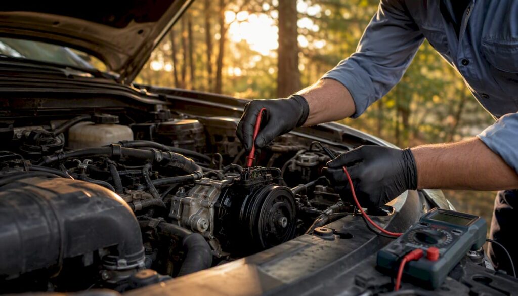Close-up of hands testing AC compressor clutch