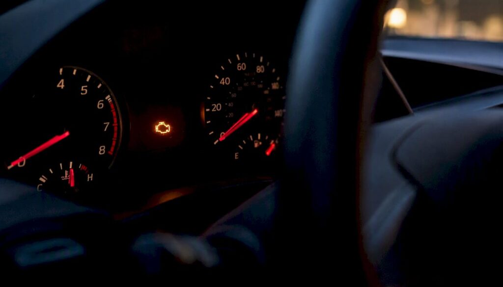 Flashing check engine light on car dashboard