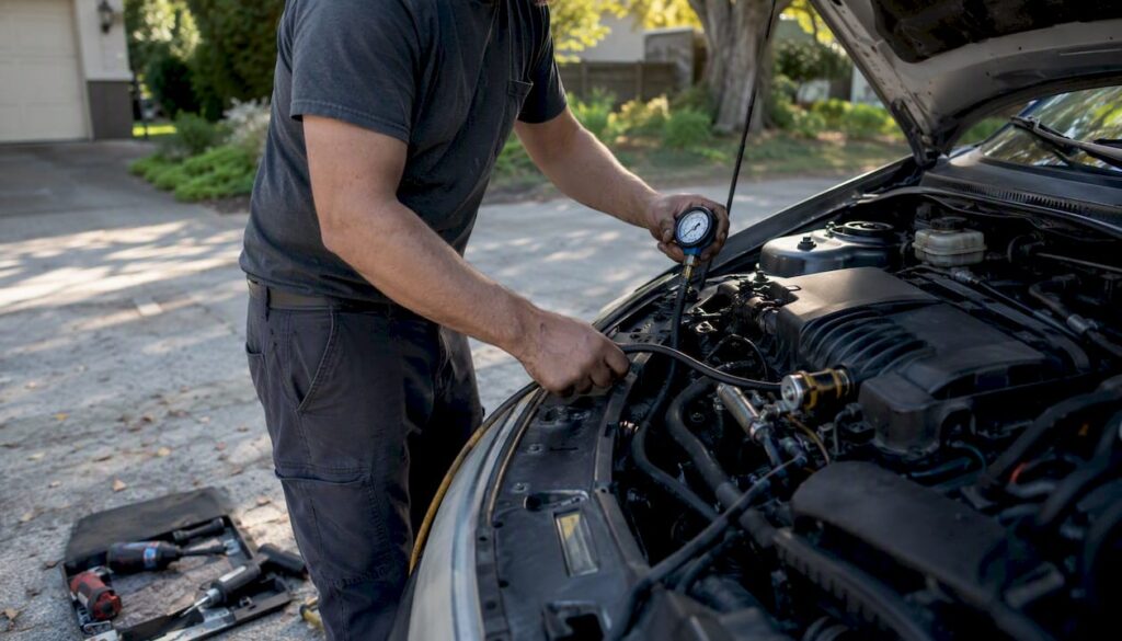 Mechanic testing hydraulic pressure on car transmission