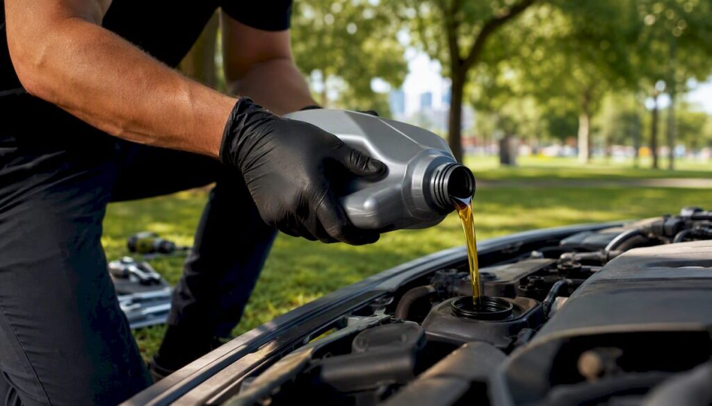 Mechanic pouring oil into car engine