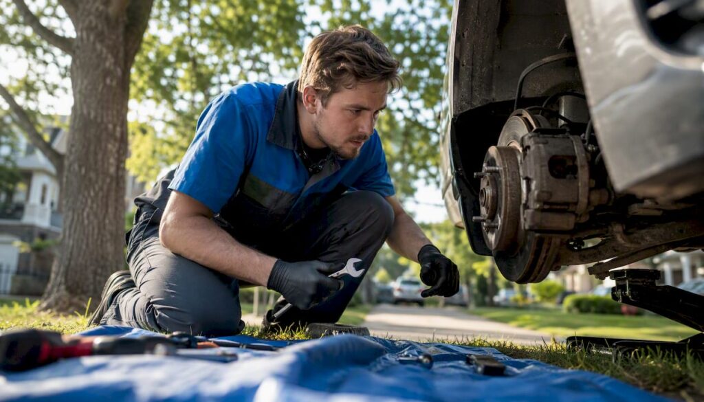 Mechanic inspecting vehicle brake components outdoors