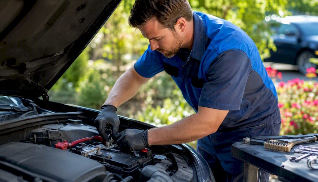 Mechanic connecting new car battery terminals
