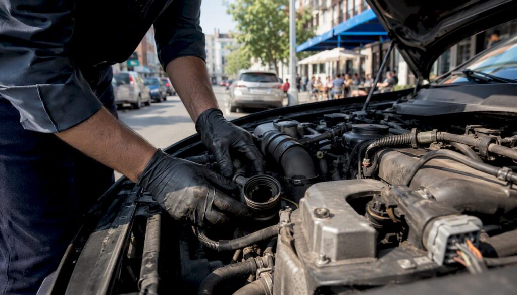 Mechanic inspecting car fuel system under hood