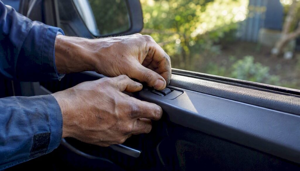 Mechanic hands testing power window switch