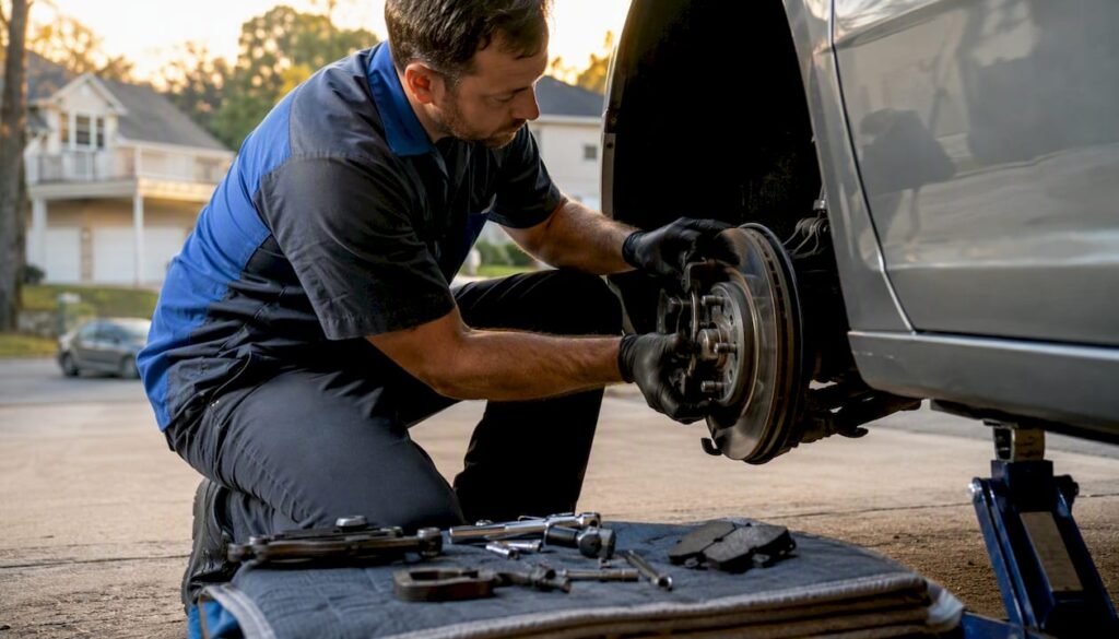 Mechanic changing brake pads outdoors