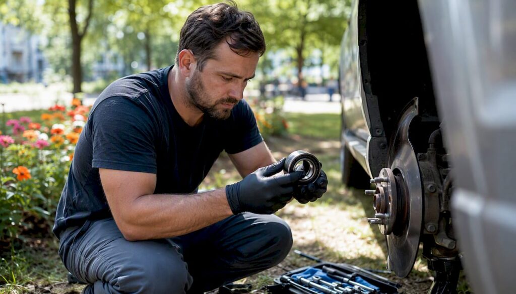 Mechanic inspecting a vehicle wheel bearing at driveway