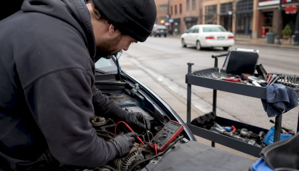 Mechanic testing alternator under car hood