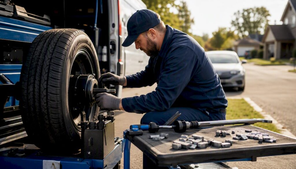 Mechanic balancing car tire near service van