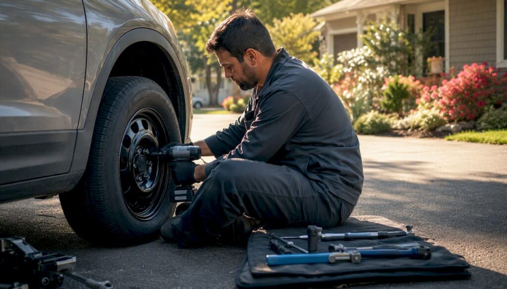 Mobile tire technician changing tire outdoors