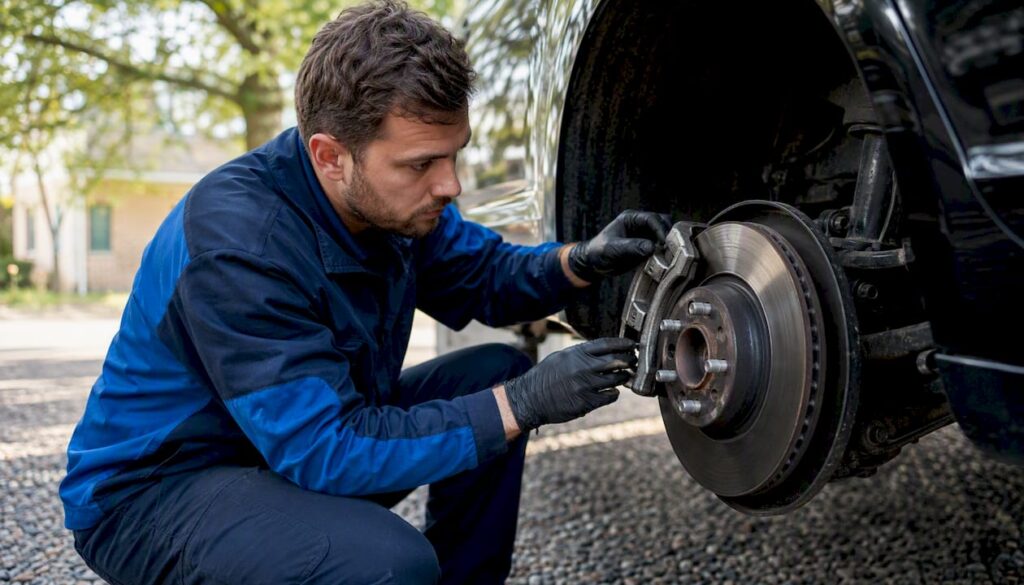 Mechanic inspecting car brake assembly outdoors
