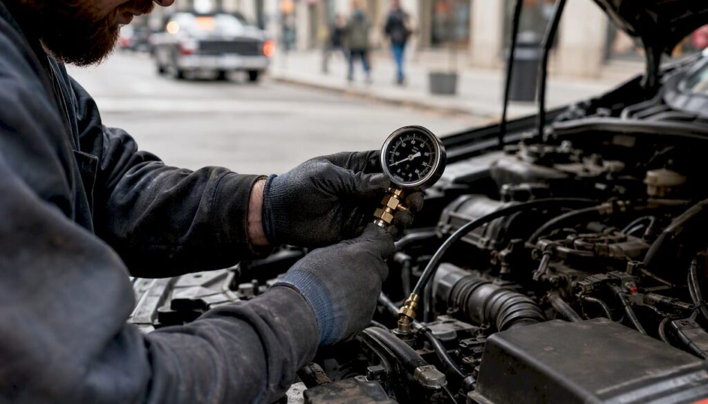 Hands checking oil pressure gauge on engine