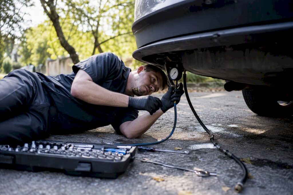 Mechanic hands testing fuel pump on vehicle