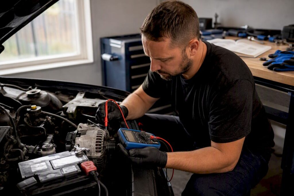Mechanic testing car alternator voltage