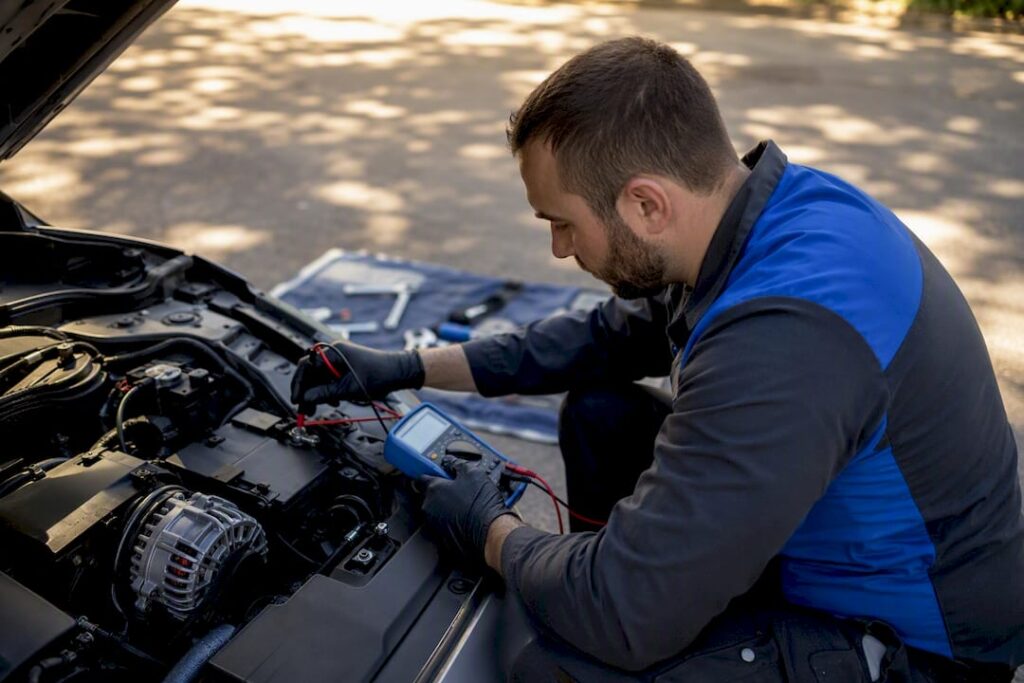 Mechanic testing car battery and alternator in driveway