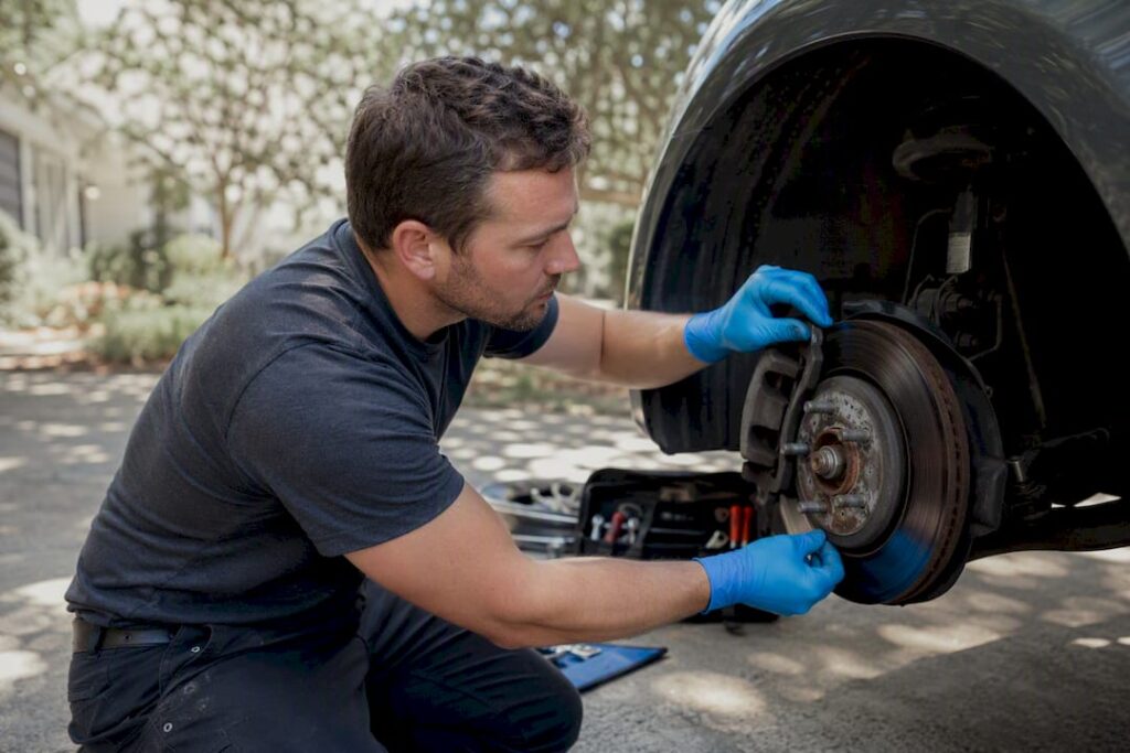 Mechanic inspecting brake pads on wheel