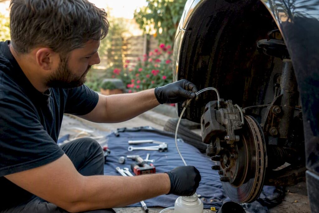 Mechanic bleeding brake system hose in driveway