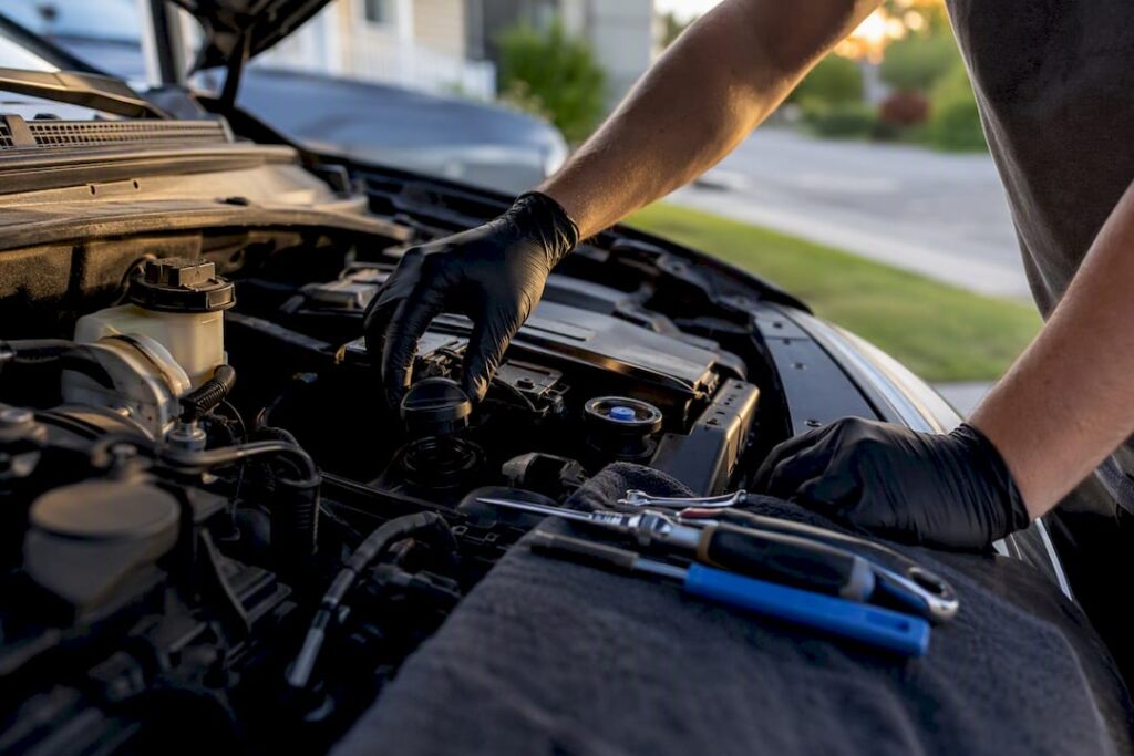 Close-up of car engine bay near fuel filler after refueling