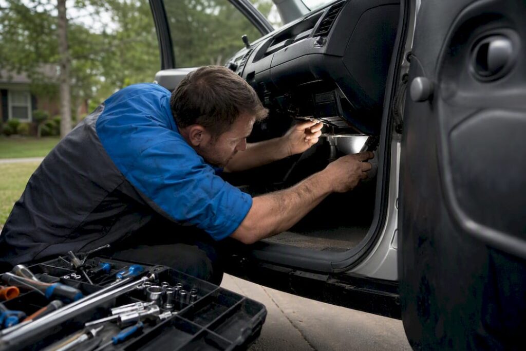 Mechanic inspecting car heater system under dashboard