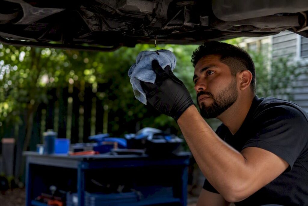 Mechanic inspecting vehicle transmission fluid leak