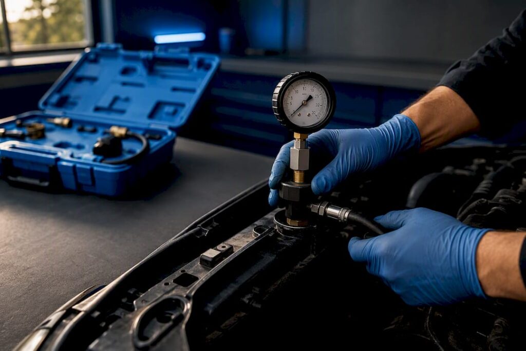 Mechanic performing a coolant pressure test