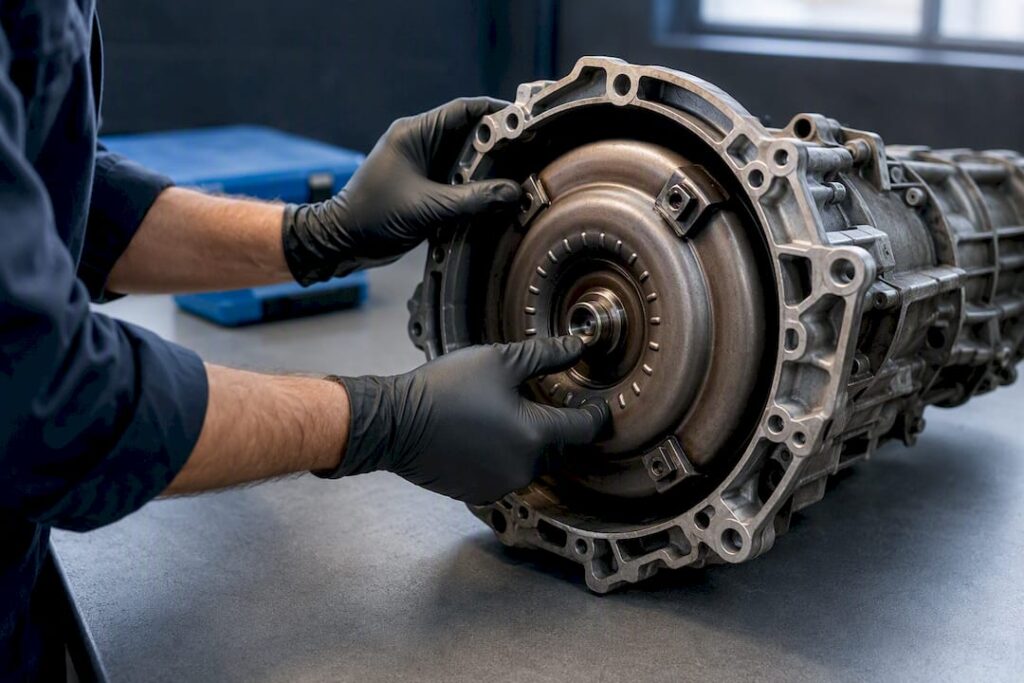 Technician inspecting torque converter assembly