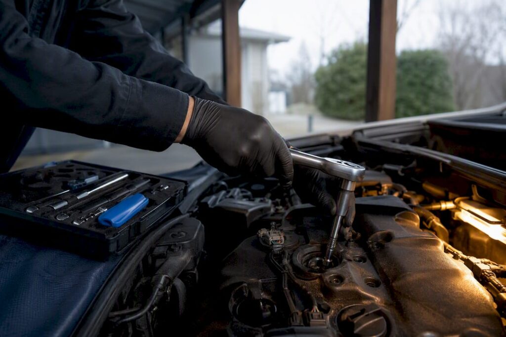 Mechanic removing spark plug at home