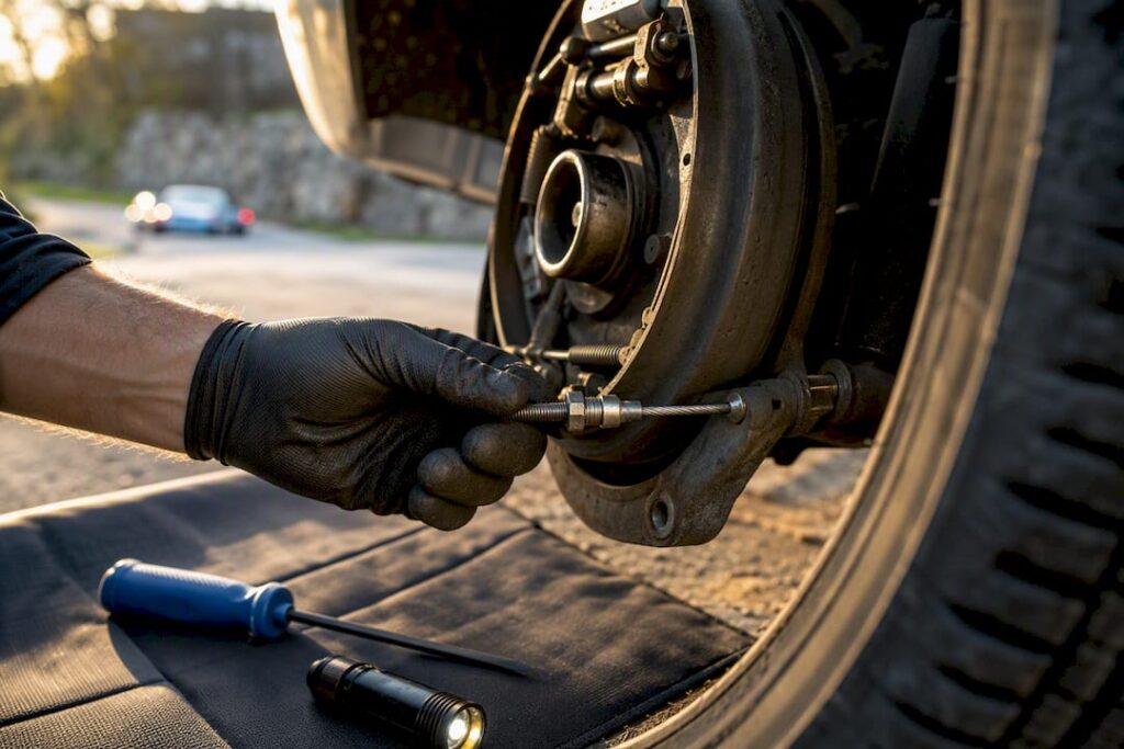 Mechanic checking a stuck parking brake cable