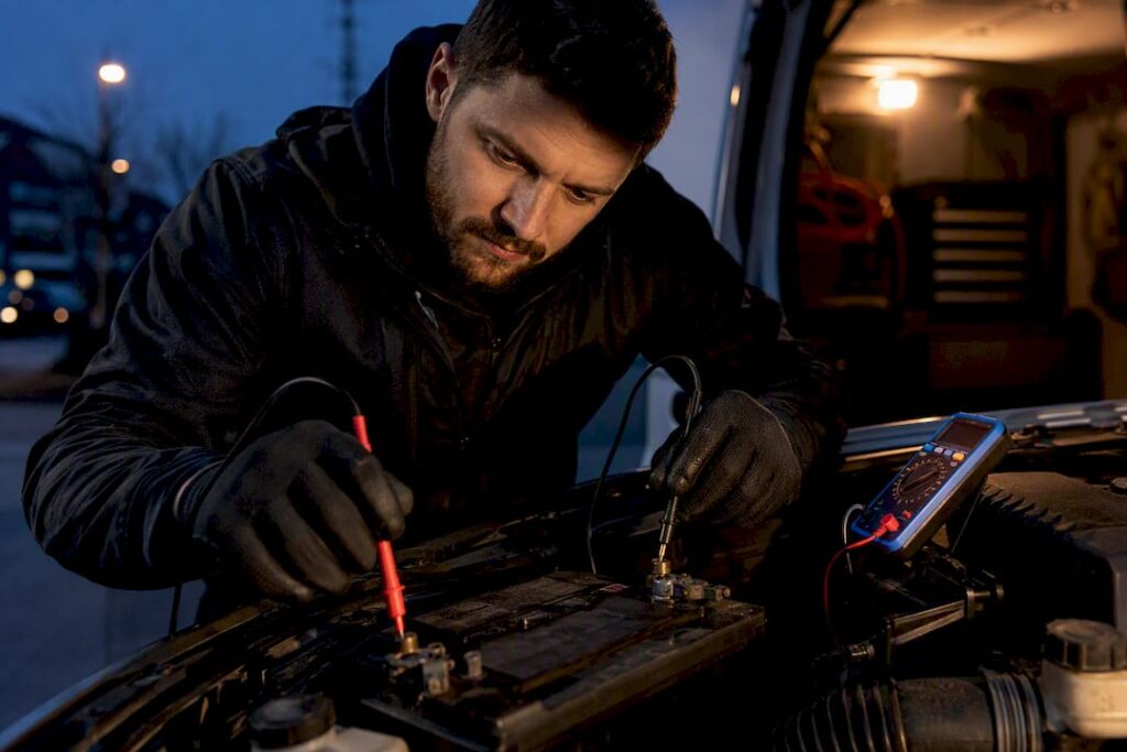 Mechanic testing battery voltage during diagnosis