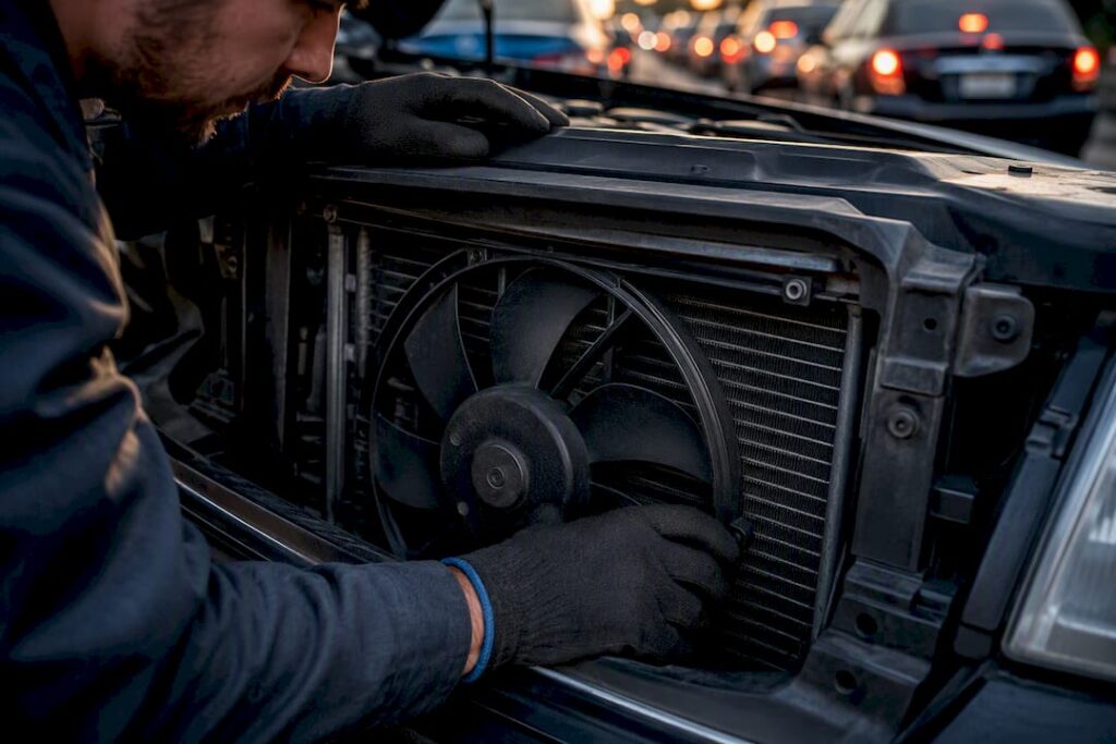 Mechanic checking radiator fan in traffic