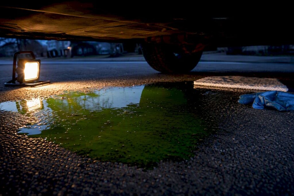 Coolant leaking beneath a parked vehicle