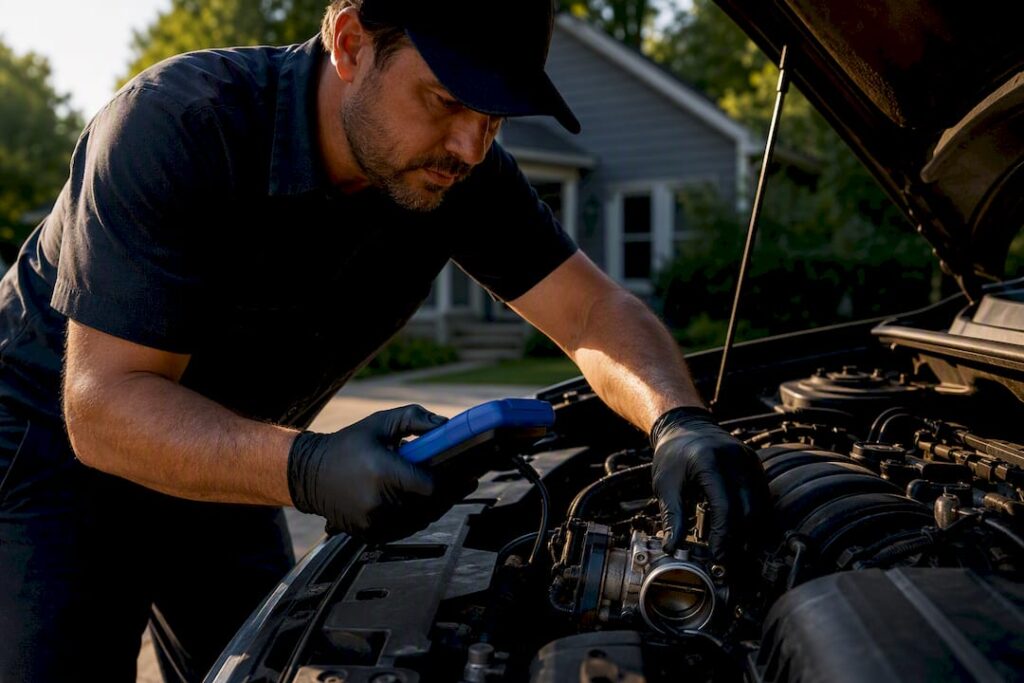 Mechanic inspecting throttle body during idle diagnosis