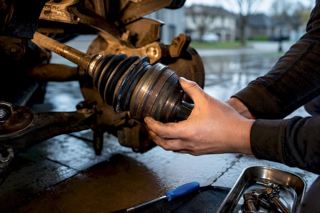 Technician inspecting a worn CV joint