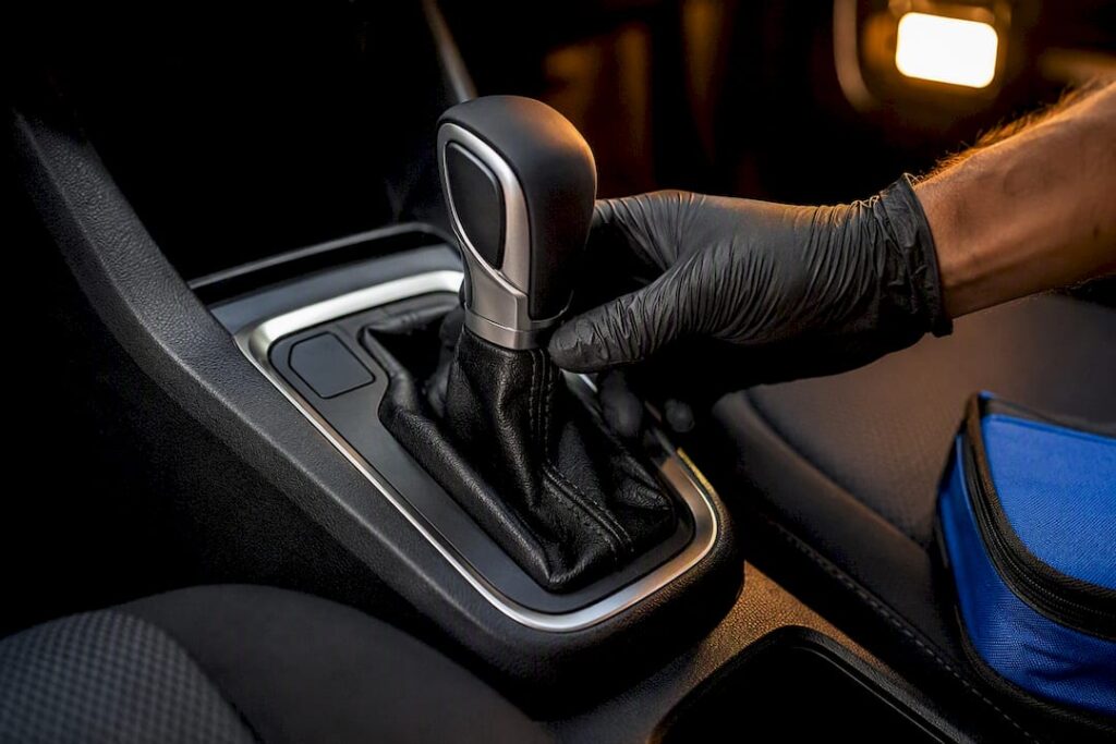 Mechanic inspecting an automatic gear selector