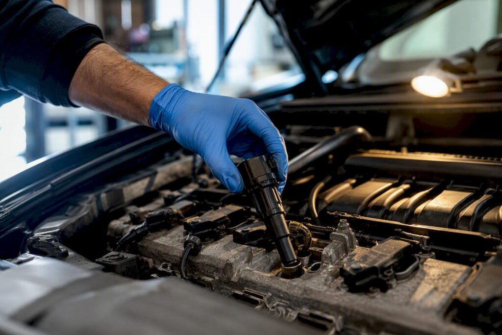 Technician checking ignition coil in engine bay