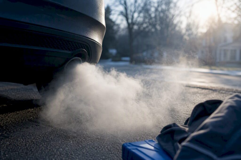 White exhaust vapor from an anonymous vehicle