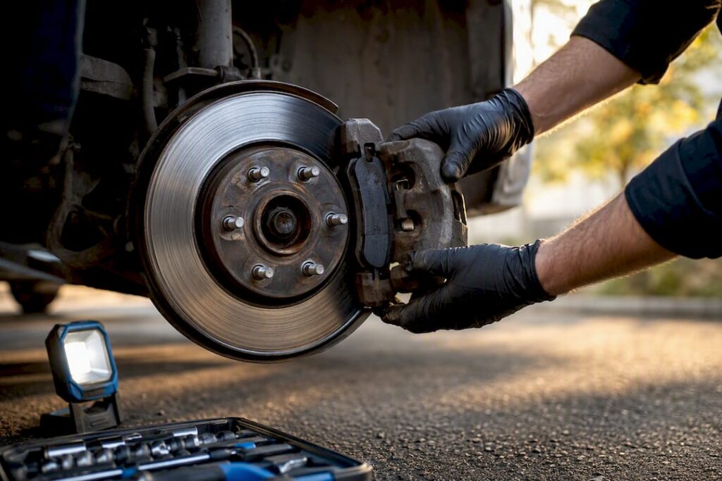 Mechanic inspecting brake pads and rotor