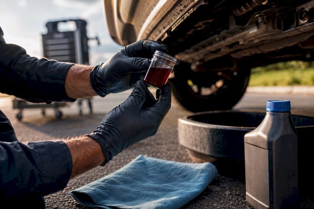 Mechanic inspecting automatic transmission fluid