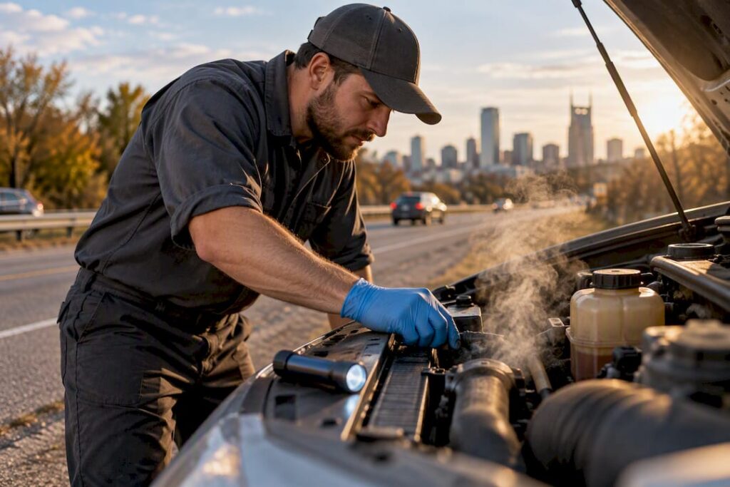 Mechanic inspecting an overheated engine roadside