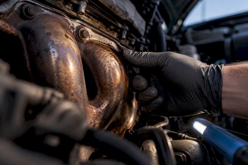 Oil residue near a hot exhaust manifold